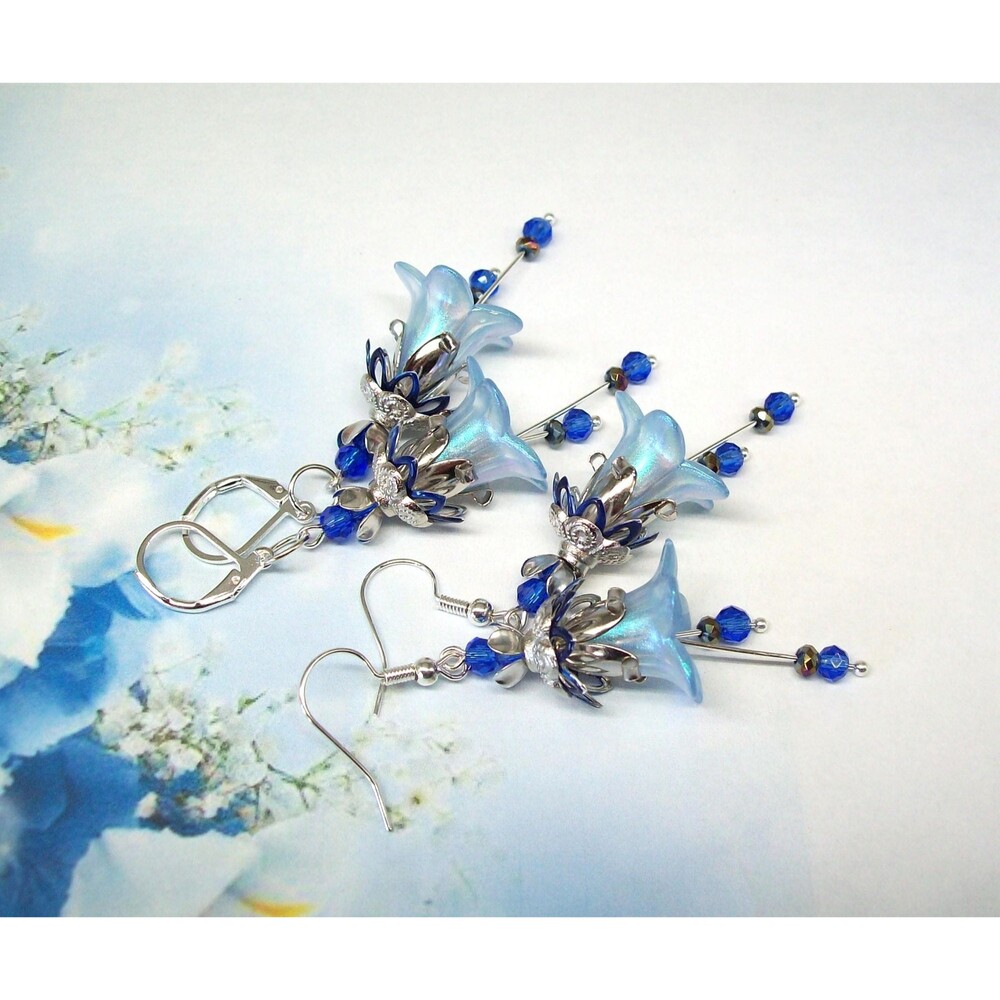 Blue Floral Dangle Earrings Boho, Silver, Hand Painted Artisan Crafted Flower Je